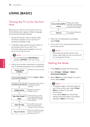 Page 3636
ENGENGLISH
Using (Basic)
uSING	\bB\fSIC)
Turning the TV on for the first 
time
When	you	turn	the	TV	on	for	the	first	time,	the	
Initial	setting	screen	appears.	Select	a	language	
and	customize	the	basic	settings.
1	 Connect	the	power	cord	to	a	power	outlet.
The	Power	indicator	turns	on	and	the	TV	
switches	to	Standby	mode.
2	 In	Standby	mode,	press	the	power	button	on	the	remote	control	to	turn	the	TV	on.	
The	Initial	setting	screen	appears	if	you	turn	
the	TV	on	for	the	first	time.
y
y You	can	also...