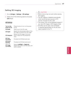 Page 4949
ENGENGLISH
Applications
Setting 3D Imaging
1	 Go	to	All Apps 	>	
Settings  >	
3D settings
2	 Select	one	of	the	following	options	and	press	
OK (Wheel).
3D Settings
Turn on the 
power by 3D Check	the	box	to	turn	on	the	power	
by	3D.
3D Mode Select	one	of	the	3D	mode.
3D Depth Adjusts	the	stereoscopic	effect	of	the	
3D	image	converted	from	2D	image.
3D Viewpoint Moves	the	3D	image	to	front	and	
back	to	adjust	the	3D	perspective	
view.
3D Color 
Correction Provides	the	3D	Optimized	color.
3D Sound...