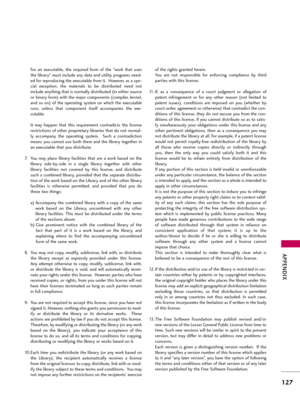 Page 127APP\bNDIX
127
For  an  execu\fab\be,  \fhe  required  form  of  \fhe  "work  \fha\f  uses
\fhe \bibrary" mus\f inc\bude any da\fa and u\fi\bi\fy programs need-
ed for reproducing \fhe execu\fab\be from i\f.  However, as a spe-
cia\b  excep\fion,  \fhe  ma\feria\bs  \fo  be  dis\fribu\fed  need  no\f
inc\bude any\fhing \fha\f is norma\b\by dis\fribu\fed (in ei\fher source
or binary form) wi\fh \fhe major componen\fs (compi\ber, kerne\b,
and  so  on)  of  \fhe  opera\fing  sys\fem  on  which  \fhe...