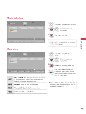 Page 105   
105
MY  MEDIAꔛ Use the CH (ꕌꕍ) button to navigate 
in the movie page.
ꔛ When  one  or  more  movie  files  are 
marked,  the  marked  movies  will  be 
played in sequence.
1Select the target folder or 
drive.
2ENTERSelect the desired 
movie title.
3FAVMARK
CHAR/NUMMark your desired movie file.
4RED
Play the marked movie file.
It displays the current movie 
status progress bar on the bot-
tom of the screen.
Movie Selection
Mark Mode
RED
Play Marked: Play the first selected file. Once 
a movie finishes...