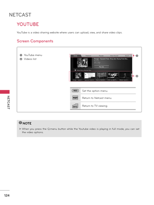 Page 124NETCAST
NETCAST
124
YOUTUBE
YouTube is a video sharing website where users can upload, view, and share video clips.
Screen Components
1 YouTube menu
2 Videos list
1
REDSet the option menu.
Return to Netcast menu.
EXITReturn to TV viewing.
  
2
NOTE
► When you  press  the  Q.menu  button while  the Youtube video  is  playing  in full  mode, you  can  set 
the video options. 