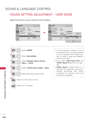 Page 148SOUND & LANGUAGE CONTROL
SOUND  &  L ANGUAGE  CONTROL
148
SOUND SETTING ADJUSTMENT - USER MODE
Adjust the sound to suit your taste and room situations. 
1MENUSelect AUDIO.
2ENTERSelect Sound Mode.
3ENTERSelect Standard, Music, Cinema, 
Sport, or Game.
4ENTERSelect Infinite Sound,  Treble, or Bass.
5ENTERMake appropriate adjustments.
6
BACKReturn to the previous menu.
EXITReturn to TV viewing.
ꔛ If  sound  quality  or  volume  is  not  at 
the level you want, it is recommended 
to  use  a  separate  home...