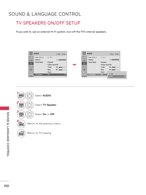 Page 150SOUND & LANGUAGE CONTROL
SOUND  &  L ANGUAGE  CONTROL
150
TV SPEAKERS ON/OFF SETUP
If you wish to use an external Hi-Fi system, turn off the TV’s internal speakers.
1MENUSelect AUDIO.
2ENTERSelect TV Speaker.
3ENTERSelect On or Off.
4
BACKReturn to the previous menu.
EXITReturn to TV viewing.
AUDIO� Move    � Enter
LR
�ꔠ
• Clear Voice II  : Off � 3• Balance    0• Sound Mode  : Standard    • Infinite Sound :Off    • Treble 50    • Bass  50    • Reset• TV Speaker  : On
AUDIO� Move    � Enter
• Clear Voice...