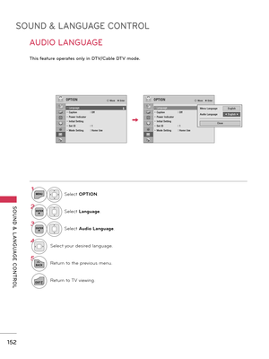Page 152SOUND & LANGUAGE CONTROL
SOUND  &  L ANGUAGE  CONTROL
152
AUDIO LANGUAGE 
This feature operates only in DTV/Cable DTV mode.
1MENUSelect OPTION.
2ENTERSelect Language.
3ENTERSelect Audio Language.
4Select your desired language.
5
BACKReturn to the previous menu.
EXITReturn to TV viewing.
OPTION� Move    � Enter
ꔡ�• Language• Caption  : Off• Power Indicator • Initial Setting• Set ID  : 1• Mode Setting  : Home Use
OPTION� Move    � Enter
• Language• Caption  : Off• Power Indicator • Initial Setting• Set ID...