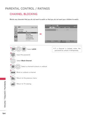 Page 164PARENTAL CONTROL / RATINGS
PARENTAL  CONTROL  /  RATING
164
CHANNEL BLOCKING
Blocks any channels that you do not want to watch or that you do not want your children to watch. 
ꔛ If  a  channel  is  locked,  enter  the 
password to unlock it temporarily.
5-13-17-1
� CH.Changeꔅ Block/Unblock� Navigation
Block Channelpage 1/1
ꘃ Page Changeꕉ Previous
Favorite Group:A
1MENUENTERSelect LOCK.
21 2 ABC3 DEF4 GH I5 JKL6 MN O7PQRS8 TU V0 9 W
XYZInput the password.
3Select Block Channel.
4ENTERSelect a channel to...