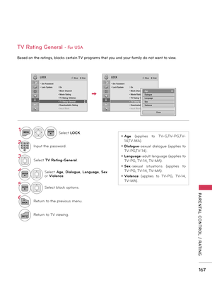 Page 167   
167
PARENTAL  CONTROL  /  RATING
TV Rating General - For USA
Based on the ratings, blocks certain TV programs that you and your family do not want to view.
ꔛ Age  (applies  to  TV-G,TV-PG,TV-
14,TV-MA).
ꔛ Dialogue-sexual  dialogue  (applies  to 
TV-PG,TV-14).
ꔛ Language-adult language (applies to 
TV-PG, TV-14, TV-MA).
ꔛ Sex-sexual  situations  (applies  to 
TV-PG, TV-14, TV-MA).
ꔛ Violence  (applies  to  TV-PG,  TV-14, 
TV-MA).
1MENUENTERSelect LOCK.
21 2 ABC3 DEF4 GH I5 JKL6 MN O7PQRS8 TU V0 9 W...