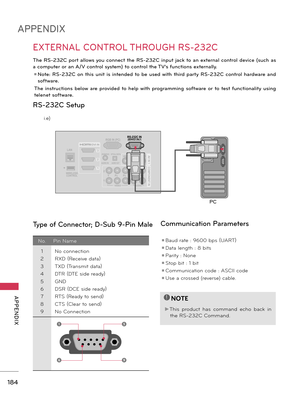 Page 184184
APPENDIX
  APPENDIX
EXTERNAL CONTROL THROUGH RS-232C
RS-232C Setup
The  RS-232C  port  allows you  connect  the  RS-232C  input  jack  to  an  external  control  device  (such  as 
a computer or an A/V control system) to control the TV’s functions externally.
 ꔛ  Note:  RS-232C  on  this  unit  is  intended  to  be  used with  third  party  RS-232C  control  hardware  and 
software.
  The  instructions  below  are  provided  to  help  with  programming  software  or  to  test  functionality  using...