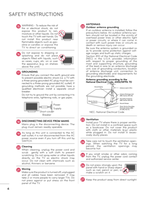 Page 44
SAFETY INSTRUCTIONS
15WARNING - To reduce the risk of 
fire  or  electrical  shock,  do  not 
expose  this  product  to  rain, 
moisture or other liquids. Do not 
touch the TV with wet hands. Do 
not  install  this  product  near 
flammable objects such as gas-
oline or candles or expose the 
T V  to  direct  air  conditioning. 
16Do  not  expose  to  dripping  or 
splashing  and  do  not  place 
objects  filled  with  liquids,  such 
as  vases,  cups,  etc.  on  or  over 
the  apparatus  (e.g.  on...