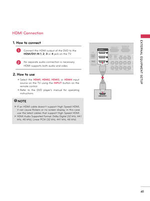 Page 4141
EXTERNAL  EQUIPMENT  SETUP
HDMI OUTPUT
RGB IN (PC)
LAN
WIRELESS CONTROL
(RGB/DVI)
/DVI IN
2
3
1
VIDEOAUDIOL(MONO)RAV IN 1
AUDIO INAUDIO OUT
RGB IN (PC)
LAN
WIRELESS CONTROL
(RGB/DVI)VIDEOAUDIOL(MONO)R
VIDEO AUDIO
COMPONENT IN
AV IN 1
AUDIO INAUDIO OUT
2
1
VIDEO AUDIO
COMPONENT IN
Y PBPRLR2
1
YLRPBPR
/DVI IN
2
3
1
RGB IN (PC)
LAN
WIRELESS CONTROL
(RGB/DVI)
/DVI IN
2
3
1
VIDEO AUDIO
COMPONENT INAUDIO INAUDIO OUT
2
1
VIDEOAUDIOL(MONO)RAV IN 1
Y PBPRLR
OPTICAL DIGITAL
RS-232C IN(SERVICE ONLY)

LRVIDEO...