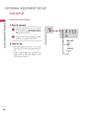 Page 42EXTERNAL EQUIPMENT SETUP
EXTERNAL  EQUIPMENT  SETUP
42
VCR SETUP
Antenna Connection
RGB IN (PC)
LA N
WIRELESS
CONTRO L
RGB/DVI
/DVI IN
2
3
1
VIDEOAUDIOL(MONO)R
VIDEO AUDIO
COMPONENT IN
AV IN 1
AUDIO INAUDIO OU
T
2
1
ANTENNA/  
CABLE IN
S-VIDEO
OUTPUT SWITCH
ANT IN
ANT OUT
LRS-VIDEO VIDEO AUDIO
OUTPUTSWITCH
ANT IN
ANT OUT
RGB IN (PC)
LA N
WIRELESS
CONTRO L
(RGB/DVI )
/DVI IN
2
3
1
VIDEO AUDIO
COMPONENT INAUDIO INAUDIO OU
T
2
1
VIDEOAUDIOL(MONO)RAV IN 1
Y PBPRLR
OPTICAL  DIGITAL
RS-232C IN(SER VICE ON LY)...