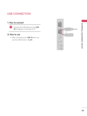 Page 4545
EXTERNAL  EQUIPMENT  SETUP
USB CONNECTION
IN  4
AV IN 2
VIDEO
AUDIO
L(MONO
)
RH/P
USB IN 1
USB IN 2
Memory Ke y
or
1. How to connect
1 
Connect the USB device to the USB 
IN 1 or 2 jack on the side of TV. 
2. How to use
ꔛ After  connecting  the USB IN jack,  you 
use the USB function. (►p.97)   