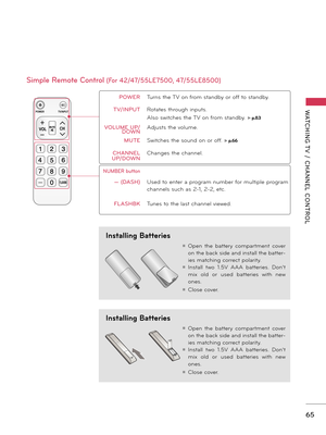 Page 6565
WATCHING T V  /  CHANNEL  CONTROL
ꔛ Open  the  battery  compartment  cover 
on the back side and install the batter-
ies matching correct polarity.
ꔛ Install  two  1.5V  AAA  batteries.  Don’t 
mix  old  or  used  batteries  with  new 
ones.
ꔛ Close cover.
ꔛ Open  the  battery  compartment  cover 
on the back side and install the batter-
ies matching correct polarity.
ꔛ Install  two  1.5V  AAA  batteries.  Don’t 
mix  old  or  used  batteries  with  new 
ones.
ꔛ Close cover.
Installing Batteries...