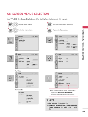 Page 6969
WATCHING T V  /  CHANNEL  CONTROL
CHANNEL
OPTION
PICTURE
AUDIOTIME
LOCK
ON-SCREEN MENUS SELECTION
Your TV's OSD (On Screen Display) may differ slightly from that shown in this manual.
PICTUREꔂ Move    ꔉ Enter
• Aspect Ratio  : 16:9• Picture Wizard• ꕊ Energy Saving  : Off• Picture Mode  : Standard    • Backlight 70     • Contrast 100    • Brightness 50    • Sharpness 70
TIMEꔂ Move    ꔉ Enter
• Clock• Off Time  : Off• On TIme  : Off • Sleep Timer  : Off
LOCKꔂ Move    ꔉ Enter
• Set Password • Lock...