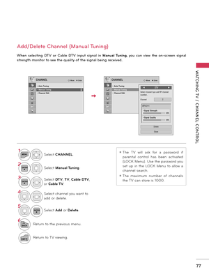 Page 7777
WATCHING T V  /  CHANNEL  CONTROL
Add/Delete Channel (Manual Tuning)
When  selecting  DTV  or  Cable  DTV  input  signal  in Manual Tuning,  you  can  view  the  on-screen  signal 
strength monitor to see the quality of the signal being received.
1MENUSelect CHANNEL.
2ENTERSelect Manual Tuning.
3ENTERSelect DTV, TV, Cable DTV, 
or Cable TV.
4Select channel you want to 
add or delete.
5ENTERSelect Add or Delete.
6
BACKReturn to the previous menu.
EXITReturn to TV viewing.
ꔛ The  TV  will  ask  for  a...
