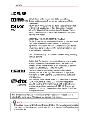 Page 22LICENSE
LICENSE
Manufactured under license from Dolby Laboratories.
"Dolby" and the double-D symbol are trademarks of Dolby 
Laboratories.
ABOUT DIVX VIDEO: DivX® is a digital video format created 
by DivX, LLC, a subsidiary of Rovi Corporation. This is an 
official DivX Certified® device that plays DivX video. Visit divx.
com for more information and software tools to convert your 
files into DivX videos.
ABOUT DIVX VIDEO-ON-DEMAND: This DivX
Certified® device must be registered in order to...