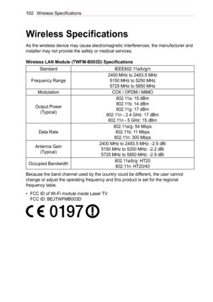 Page 102102Wireless Specifications
Wireless Specifications
As the wireless device may cause electromagnetic interferences, the manufacturer and 
installer may not provide the safety or medical services.
Wireless LAN Module (TWFM-B003D) Specifications
StandardIEEE802.11a/b/g/n
Frequency Range
2400 MHz to 2483.5 MHz
5150 MHz to 5250 MHz
5725 MHz to 5850 MHz
ModulationCCK / OFDM / MIMO
Output Power
(Typical)
802.11a: 15 dBm
802.11b: 14 dBm
802.11g: 17 dBm
802.11n - 2.4 GHz: 17 dBm
802.11n - 5 GHz: 15 dBm
Data Rate...