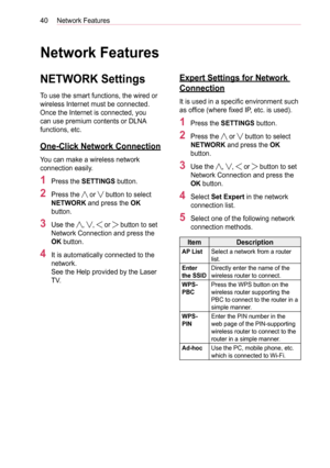 Page 4040Network Features
Network Features
NETWORK Settings
To use the smart functions, the wired or 
wireless Internet must be connected. 
Once the Internet is connected, you 
can use premium contents or DLNA 
functions, etc.
One-Click Network Connection
You can make a wireless network 
connection easily.
1 Press the SETTINGS button.
2 Press the  or  button to select 
NETWORK and press the OK 
button.
3 Use the , ,  or  button to set 
Network Connection and press the 
OK button.
4 It is automatically connected...