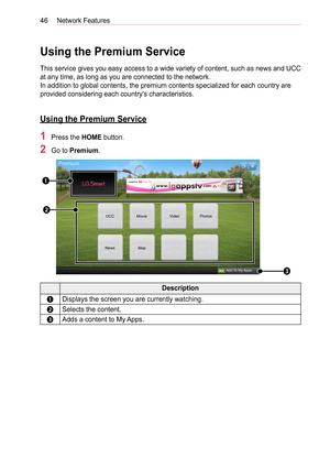 Page 4646Network Features
Using the Premium Service
This service gives you easy access to a wide variety of content, such as news and UCC 
at any time, as long as you are connected to the network.  
In addition to global contents, the premium contents specialized for each country are 
provided considering each country's characteristics.
Using the Premium Service
1 Press the HOME button.
2 Go to Premium.
❶
❷
WEB MovieMapSNSVideos
News CartoonEntertainmentInformationLaser TV
❸
Premium
Add To My Apps 
UCC
News...