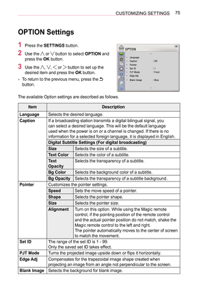 Page 7575
CUSTOMIZING SETTINGS
 OPTION Settings
1  Press the SETTINGS button.
2  Use the  or  button to select  OPTION and 
press the OK button.
3  Use the , ,  or  button to set up the 
desired item and press the OK button.
 
- To return to the previous menu, press the 
 
button.
The available Option settings are described as follows.
Item Description
Language Selects the desired language.
Caption If a broadcasting station transmits a digital bilingual signal, you 
can select a desired language. This will be...