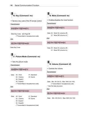 Page 9696Serial Communication Function
16. Key (Command: mc)
17. Picture Mode (Command: ns)
⇒ Sends a key code of the IR remote control.
Transmission
[m][c][][Set ID][][Data][Cr]
Data Key Codesee Page 98
(* Transmitted in hexadecimal code)
Ack
[c][] [Set ID][][OK][Data][x]
Data Key Code
⇒ Sets the picture mode.
Transmission
[n][s][][Set ID][][Data][Cr]
Data00:Vivid01: Standard
02:Cinema03: Game
04:Expert1
05:Expert2
(* Transmitted in hexadecimal code)
Ack
[b][] [Set ID][][OK][Data][x]
Data00:Vivid01: Standard...