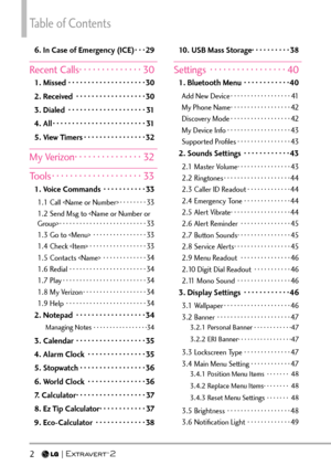 Page 4Table of Contents
2  
6. In Case of Emergency (ICE) · · · 29
Recent Calls ··············30
1. Missed  ··················\
··30
2. Received  ··················\
30
3. Dialed  ··················\
··31
4. All ··················\
······31
5. View Timers  ················32
My Verizon ···············32
Tools  ··················\
··33
1. Voice Commands   ···········33
1.1 Call   ········33
1.2 Send Msg to   ··················\
········33
1.3 Go to   ················33
1.4 Check  ·················33
1.5...
