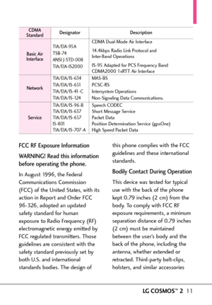 Page 13LGCOSMOS™211
CDMA
StandardDesignatorDescription
Basic Air
InterfaceTIA/EIA95A
TSB74
ANSI JSTD008
TIA/EIAIS2000CDMA DualMode Air Interface
14.4kbps Radio Link Protocol and 
InterBand Operations
IS95 Adapted for PCS Frequency Band
CDMA2000 1xRTT Air Interface
Network
TIA/EIA/IS634
TIA/EIA/IS651
TIA/EIA/IS41C
TIA/EIA/IS124MASBS
PCSCRS
Intersystem Operations
NonSignaling Data Communications.
Service
TIA/EIA/IS96B
TIA/EIA/IS637
TIA/EIA/IS657
IS801
TIA/EIA/IS707ASpeech CODEC
Short Message Service
Packet Data...