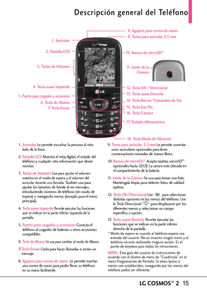 Page 156LGCOSMOS™215
Descripción general del Teléfono
1. AuricularLe permite escuchar la persona al otro
lado de la línea.
2. 
Pantalla LCDMuestra el reloj digital, el estado del
teléfono y cualquier otra información que desee
mostrar.
3. 
Teclas de Volumen Usa para ajustar el volumen
maestro en el modo de espera y el volumen del
auricular durante una llamada. 
También usa para
ajustar los tamaños de fuente al ver mensajes,
introduciendo números de teléfono (en modo de
espera) o navegando menús (excepto para el...