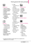 Page 160LGCOSMOS™219
Visión general del menú principal
CContontactactosos
1. Nuevo Contacto
2. Lista de Contactos
3. Backup Assistant
4. Favoritos
5. Grupos
6. Marcados Rápidos
7 In Case of
Emergency
8. Mi Tarjeta de
Nombre
MensajeMensaje
1.Nuevo Mensaje
1. Mensaje de TXT
2. Mensaje de Foto
3. Mensaje de Voz
2. Mensajes*
3.Borradores
4. Mensajes de Voz
5.IM Móvil
6. Correo Elect Móvil
7. Redes socialesProg
1. Vista del Buzón de
Entrada
2. Mod Ingrs
3. Grdr Autmtc Envdo
4. Bor Autmtc Entrada
5. Tamaño de Fuente...