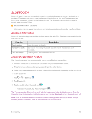 Page 100 Connectivity93
BLUETOOTH
Bluetooth is a short-range communications technology that allows you to connect wirelessly to a 
number of Bluetooth devices, such as headsets and hands-free car kits, and Bluetooth-enabled 
handhelds, computers, printers, and wireless phones. The Bluetooth communication range is 
usually approximately 30 feet.
Bluetooth Function Cautions
Information may not appear correctly on connected devices depending on the transferred data.
Bluetooth Information
Bluetooth is a technology...