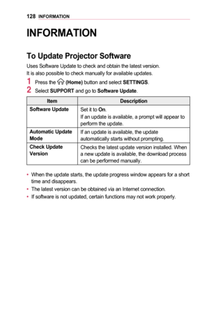 Page 128128INFORMATION
INFORMATION
To	Update	Projector	Software
Uses Software Update to check and obtain the latest version.
It is also possible to check manually for available updates.
1 Press the  (Home) button and select SETTINGS.
2 Select SUPPORT and go to Software	Update.
ItemDescription
Software	UpdateSet it to On.
If an update is available, a prompt will appear to perform the update.
Automatic	Update	ModeIf an update is available, the update automatically starts without prompting.
Check	Update...