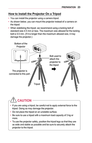 Page 2323PREPARATION
How	to	Install	the	Projector	On	a	Tripod
•	You can install the projector using a camera tripod.
•	As shown below, you can mount the projector instead of a camera on the tripod.
•	When stabilizing the tripod, we recommend using a locking bolt of standard size 4.5 mm or less. The maximum size allowed for the locking bolt is 5.5 mm. (If it is longer than the maximum allowed size, it may damage the projector.)
￼Bottom of the Projector
The projector is 
connected to this part.
Tripod Bolt used...