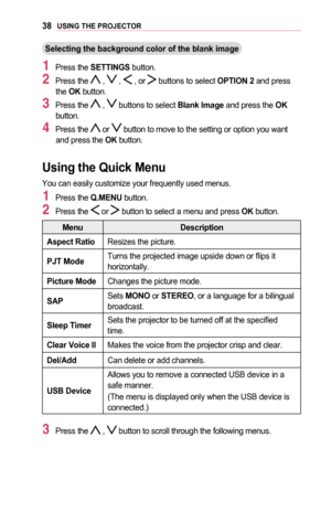 Page 3838USING	THE	PROJECTOR
Selecting	the	background	color	of	the	blank	image
1 Press the SETTINGS button.
2 Press the  ,  ,  , or  buttons to select OPTION	2 and press the OK button.
3 Press the  ,  buttons to select Blank	Image and press the OK button.
4 Press the  or  button to move to the setting or option you want and press the OK button.
Using	the	Quick	Menu
You can easily customize your frequently used menus.
1 Press the Q.MENU button.
2 Press the  or  button to select a menu and press OK button....