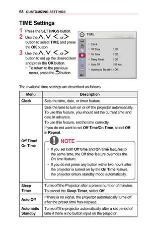 Page 6868CUSTOMIZING	SETTINGS
TIME	Settings
1 Press the SETTINGS button.
2 Use the  ,  ,  , or  button to select TIME and press the OK button.
3 Use the  ,  ,  , or  button to set up the desired item and press the OK button. -To return to the previous menu, press the  button.
0037002C00300028
	
• 0026004F00520046004E
	
• 00320049004900030037004C005000480003 001D0003003200490049
	
• 0032005100030037004C005000480003 001D0003003200490049
	
• 0036004F00480048005300030037004C0050004800550003 001D0003003200490049
	
•...