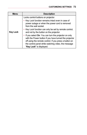 Page 7373CUSTOMIZING	SETTINGS
MenuDescription
Key	Lock
Locks control buttons on projector.
•	Key Lock function remains intact even in case of power outage or when the power cord is removed from the wall socket.
•	Key Lock function can only be set by remote control, and not by the button on the projector.
•	If you select On: You can turn the projector on only with the Power button if you have turned the projector off using the remote control. If you press a button on the control panel while watching video, the...