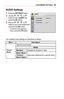 Page 6565CUSTOMIZING	SETTINGS
AUDIO	Settings
1 Press the SETTINGS button.
2 Use the  ,  ,  , or  button to select AUDIO and press the OK button.
3 Use the  ,  ,  , or  button to set up the desired item and press the OK button. -To return to the previous menu, press the  button.
 
002400380027002C0032
	
• 00360052005800510047000300300052004700480003 001D000300360057004400510047004400550047
	
• 003600520058005100470003002800490049004800460057
	
• 0024005800570052000300390052004F0058005000480003 001D000300320051...