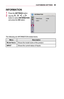 Page 6969CUSTOMIZING	SETTINGS
INFORMATION
1 Press the SETTINGS button.
2 Use the  ,  ,  , or  button to select INFORMATION and press the OK button.
 
002C0031002900320035003000240037002C00320031
	
• 0030005200470048004F000300310044005000480003 001D00030033002B001600130013
	
• 002C00310033003800370003 001D000300370039
1BD2000300300052005900480003000300030003000300031BD900030032002E
The following are INFORMATION-related items.
MenuDescription
Model	NameShows the model name of the product.
INPUTShows the current...