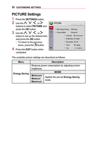 Page 5252CUSTOMIZING	SETTINGS
PICTURE	Settings
1 Press the SETTINGS button.
2 Use the  ,  ,  , or  buttons to select PICTURE and press the OK button.
3 Use the  ,  ,  , or  button to set up the desired item and press the OK button. -To return to the previous menu, press the  button.
4 Press the EXIT	button when completed.
 
	
• 1C1A00030028005100480055004A005C0003003600440059004C0051004A0003 001D00030030004C0051004C005000580050
	
• 0033004C00460057005800550048000300300052004700480003...