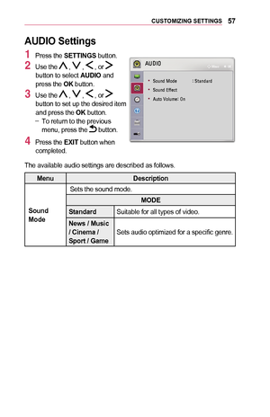 Page 5757CUSTOMIZING	SETTINGS
AUDIO	Settings
1 Press the SETTINGS button.
2 Use the  ,  ,  , or  button to select AUDIO and press the OK button.
3 Use the  ,  ,  , or  button to set up the desired item and press the OK button. -To return to the previous menu, press the  button.
4 Press the EXIT	button when completed.
 
002400380027002C0032
	
• 00360052005800510047000300300052004700480003 001D000300360057004400510047004400550047
	
• 003600520058005100470003002800490049004800460057
	
•...