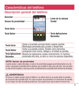 Page 1029
Características del teléfono
Descripción general del teléfono
Sensor de proximidad AuricularLente de la cámara 
frontal
Tecla Inicio
Tecla Volver Tecla Aplicaciones 
Recientes 
Tecla InicioVuelve a la pantalla principal desde cualquier pantalla. Manténgala presionada para acceder a Google Now.
Tecla VolverVuelve a la pantalla anterior. También cierra elementos emergentes como menús, diálogos y el teclado en pantalla.Tecla Aplicaciones RecientesMuestra las aplicaciones usadas recientemente. Si mantiene...