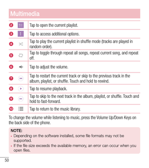 Page 5150
Multimedia
2Tap to open the current playlist. 
3Tap to access additional options.
4Tap to play the current playlist in shuffle mode (tracks are played in random order).
5Tap to toggle through repeat all songs, repeat current song, and repeat off.
6Tap to adjust the volume.
7Tap to restart the current track or skip to the previous track in the album, playlist, or shuffle. Touch and hold to rewind.
8Tap to resume playback.
9Tap to skip to the next track in the album, playlist, or shuffle. Touch and hold...