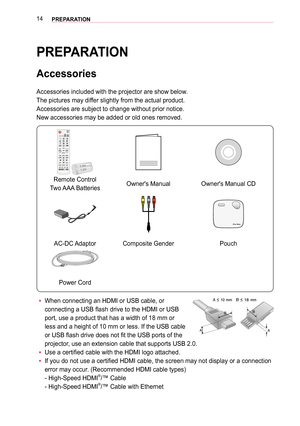 Page 1414PREPARATION
PREPARATION
Accessories
Accessories included with the projector are show below. 
The pictures may differ slightly from the actual product. 
Accessories are subject to change without prior notice. 
New accessories may be added or old ones removed. 
#-/,3 5*0
 Remote Control 
Two AAA  BatteriesOwner's ManualOwner's Manual CD
AC-DC AdaptorComposite GenderPouch
Power Cord
 yWhen connecting an HDMI or USB cable, or 
connecting a USB flash drive to the HDMI or USB 
port, use a product...