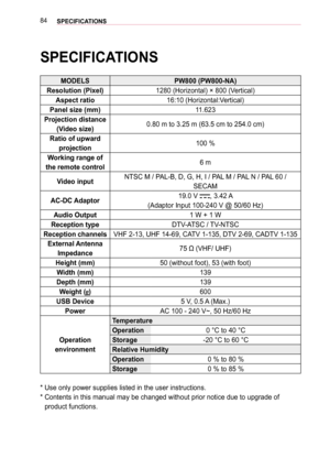 Page 8484SPECIFICATIONS 
SPECIFICATIONS
MODELSPW800 (PW800-NA)
Resolution (Pixel)1280 (Horizontal) × 800 (Vertical)
Aspect ratio16:10 (Horizontal:Vertical)
Panel size (mm)11.623
Projection distance 
(Video size)0.80 m to 3.25 m (63.5 cm to 254.0 cm)
Ratio of upward 
projection100 %
Working range of 
the remote control6 m
Video inputNTSC M / PAL-B, D, G, H, I / PAL M / PAL N / PAL 60 / 
SECAM
AC-DC Adaptor19.0 V ,  3.42 A
(Adaptor Input 100-240 V @ 50/60 Hz)
Audio Output1 W + 1 W
Reception typeDTV-ATSC /...