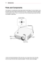 Page 1616PREPARATION
Parts and Components
The projector is manufactured using high-precision technology. You may, however, see 
tiny black dots and/or bright colored dots (red, blue, or green) that \
continuously appear 
on the projector screen. This is a normal result of the manufacturing process and does 
not indicate a malfunction.
Joystick Button
Lens
2)Vent1)
Focus ring
Vent
1)
Speakers
1) Due to the high temperature of the vent area, do not get close to th\
e vent area.
2) Do not touch the lens when using...