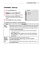 Page 6565CUSTOMIZING SETTINGS 
CHANNEL Settings
1 Press the SETTINGS button.
2 Use the , , , or  button to select 
CHANNEL and press the OK button.
3 Use the , , , or  button to set up the 
desired item and press the OK button. 
-  
To return to the previous menu, press the  
button.
4 Press the EXIT button when completed.
The available channel settings are described as follows.
ItemDescription
Auto  
Tuning
Remembers a channel which is currently broadcasting. You should use 
this function when you move to...