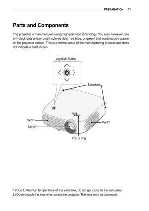 Page 1515PREPARATION
Parts and Components
The projector is manufactured using high-precision technology. You may, however, see 
tiny black dots and/or bright colored dots (red, blue, or green) that \
continuously appear 
on the projector screen. This is a normal result of the manufacturing process and does 
not indicate a malfunction.
Joystick Button
Lens
2)Vent1)
Focus ring
Vent
1)
Speakers
1) Due to the high temperature of the vent area, do not get close to th\
e vent area.
2) Do not touch the lens when using...