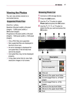 Page 4141MY MEDIA 
Viewing the Photos
You can view photos stored on a 
connected device.
Supported Photo Files
PHOTO (*.JPEG)
Baseline: 64-pixel (width) x 64-pixel 
(height) - 15360-pixel (width) x 
8640-pixel (height)
Progressive: 64-pixel (width) x 64-pixel 
(height) - 1920-pixel (width) x 1440-pixel 
(height)
 y Only JPEG files are supported.
 y Non-supported files are displayed in 
the form of an icon.
 y An error message is displayed for 
corrupted files or file formats that 
cannot be played.
 y Corrupted...