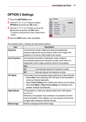 Page 6565CUSTOMIZING SETTINGS 
OPTION 2 Settings
1 Press the SETTINGS button.
2 Use the , , , or  button to select 
OPTION 2 and press the OK button.
3 Use the , , , or  button to set up the 
desired item and press the OK button. 
-   
To return to the previous menu, press the  
button.
4 Press the EXIT button when completed.
The available option 2 settings are described as follows.
ItemDescription
KeystoneTo prevent the screen image from becoming trapezoidal, 
Keystone adjusts the top and bottom width of the...