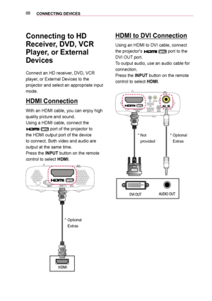 Page 6868CONNECTING DEVICES 
Connecting to HD 
Receiver, DVD, VCR 
Player, or External 
Devices
Connect an HD receiver, DVD, VCR 
player, or External Devices to the 
projector and select an appropriate input 
mode.
HDMI Connection
With an HDMI cable, you can enjoy high 
quality picture and sound. 
Using a HDMI cable, connect the 
 port of the projector to 
the HDMI output port of the device 
to connect. Both video and audio are 
output at the same time. 
Press the INPUT button on the remote 
control to select...