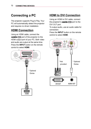 Page 7070CONNECTING DEVICES 
Connecting a PC
The projector supports Plug & Play. Your 
PC will automatically detect the projector 
and requires no driver installation.
HDMI Connection
Using an HDMI cable, connect the 
 port of the projector to the 
HDMI output port of your PC. Both video 
and audio are output at the same time. 
Press the INPUT button on the remote 
control to select HDMI. 
0003000300030003002B00270030002C0003
*  Optional 
Extras
HDMI to DVI Connection
Using an HDMI to DVI cable, connect 
the...