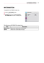 Page 6363CUSTOMIZING SETTINGS 
INFORMATION
* Available for the PW600G model only.
1 Press the SETTINGS button.
2 Use the , , , or  button to select 
INFORMATION and press the OK button.
The following are INFORMATION-related items.
ItemDescription
Model NameShows the model name of the product.
INPUTShows the current status of inputs.
?
?
002C0031002900320035003000240037002C003200311BD20003
y
y 0030005200470048004F0003003100440050004800030003
001D00030033003A001900130013y
y 002C003100330038003700030003...